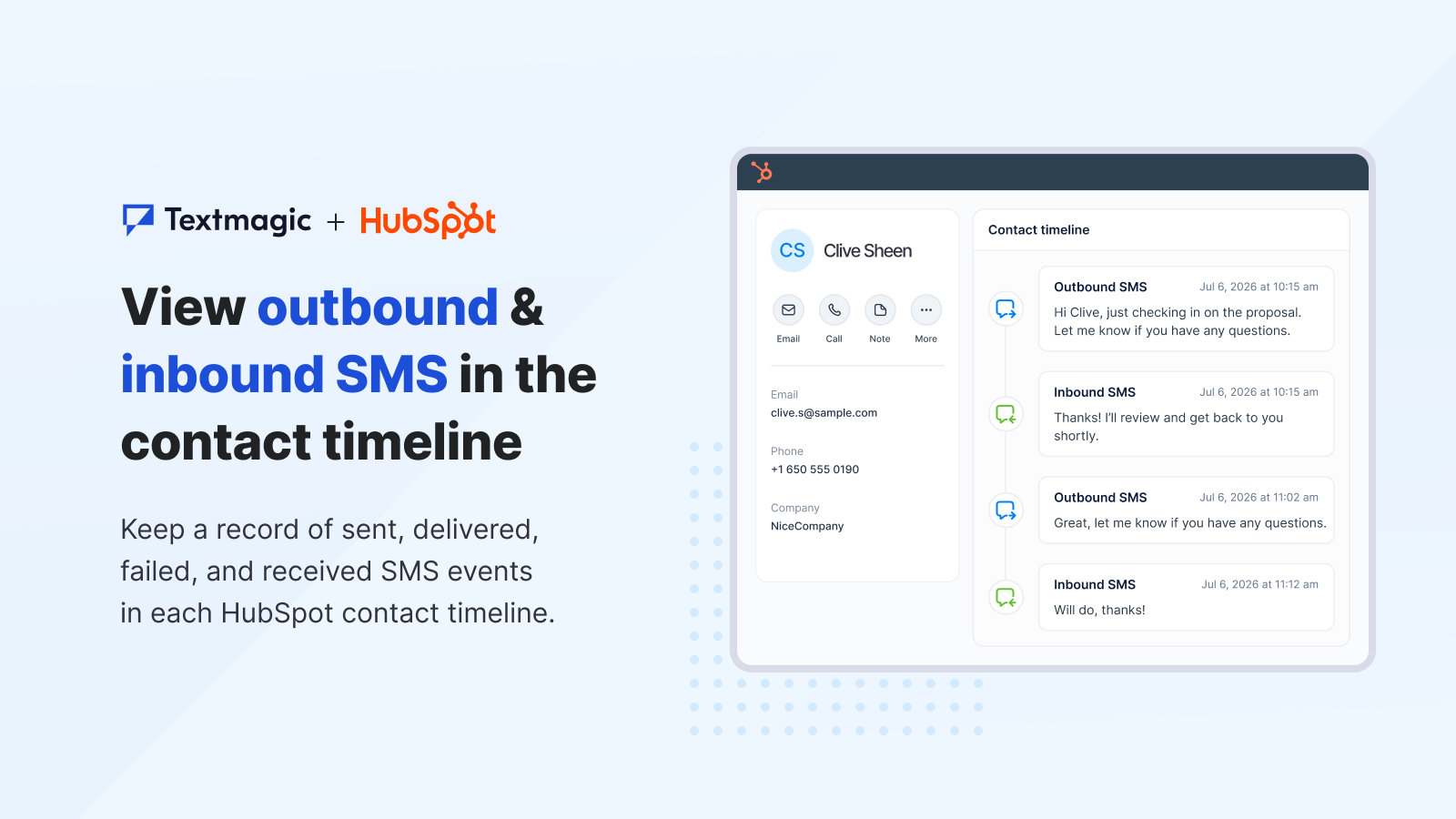 View sent, delivered, failed, and received SMS events directly in the HubSpot contact timeline.