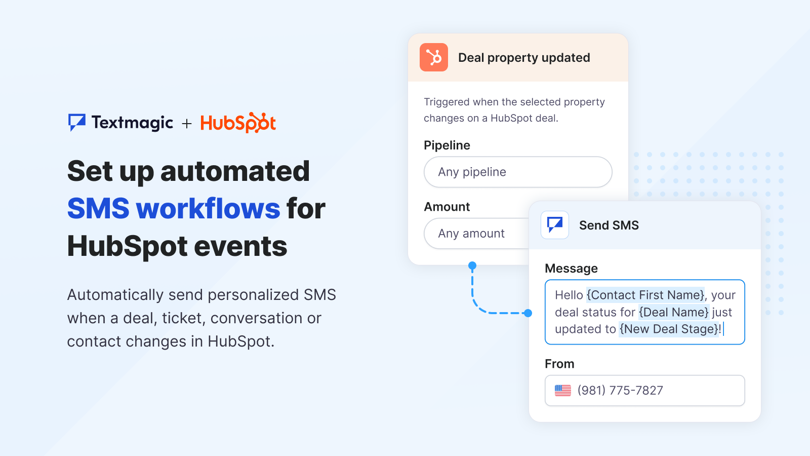 Trigger personalized SMS based on contact activity, updates, and other HubSpot events.