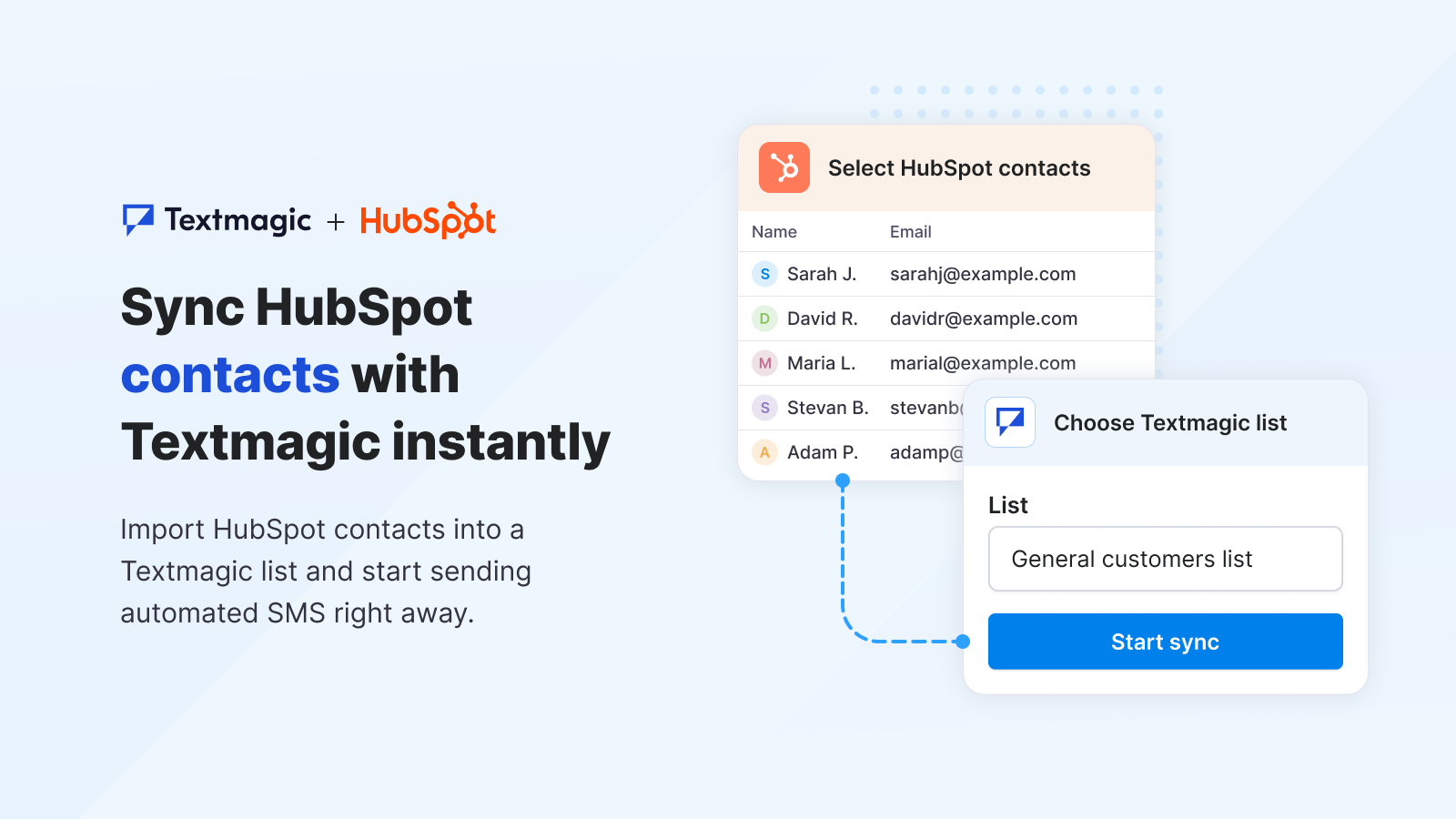 Import HubSpot contacts into a Textmagic list and start sending automated SMS right away.
